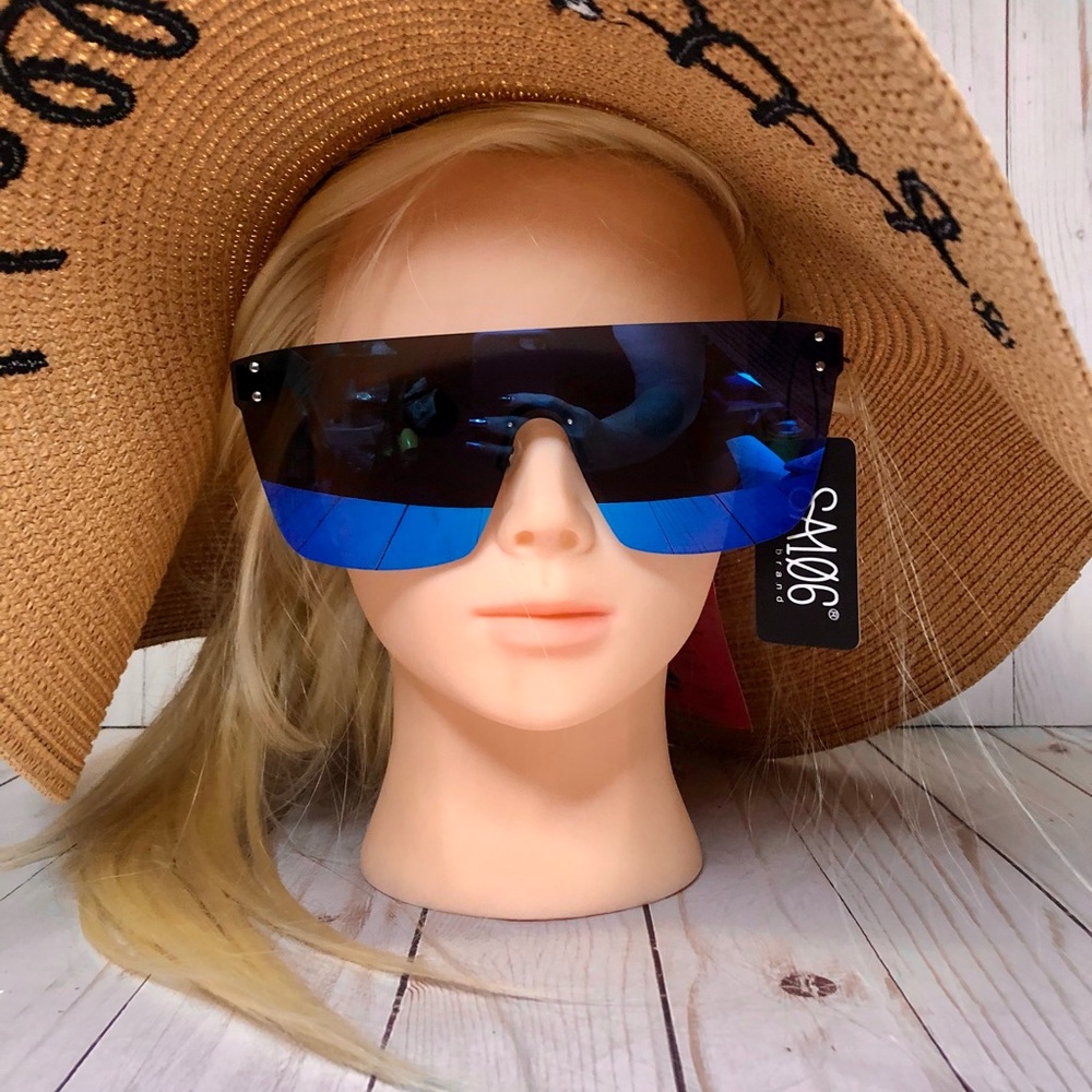 Black Blue Mirror Oversized Panel Shield Women’s Sunglasses NWT SuperAwesome106